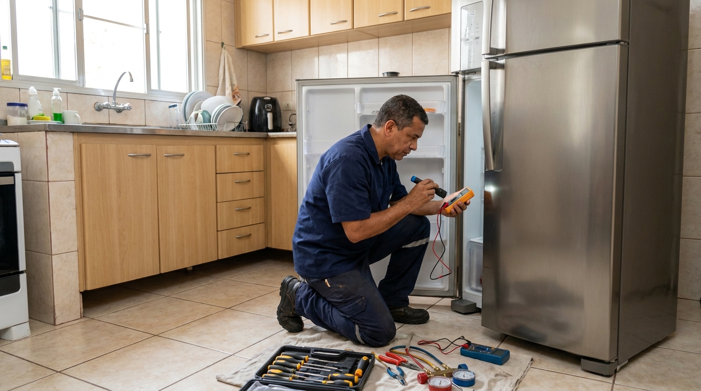 Técnico aplicando recarga de gás refrigerante em geladeira em Maceió‑AL